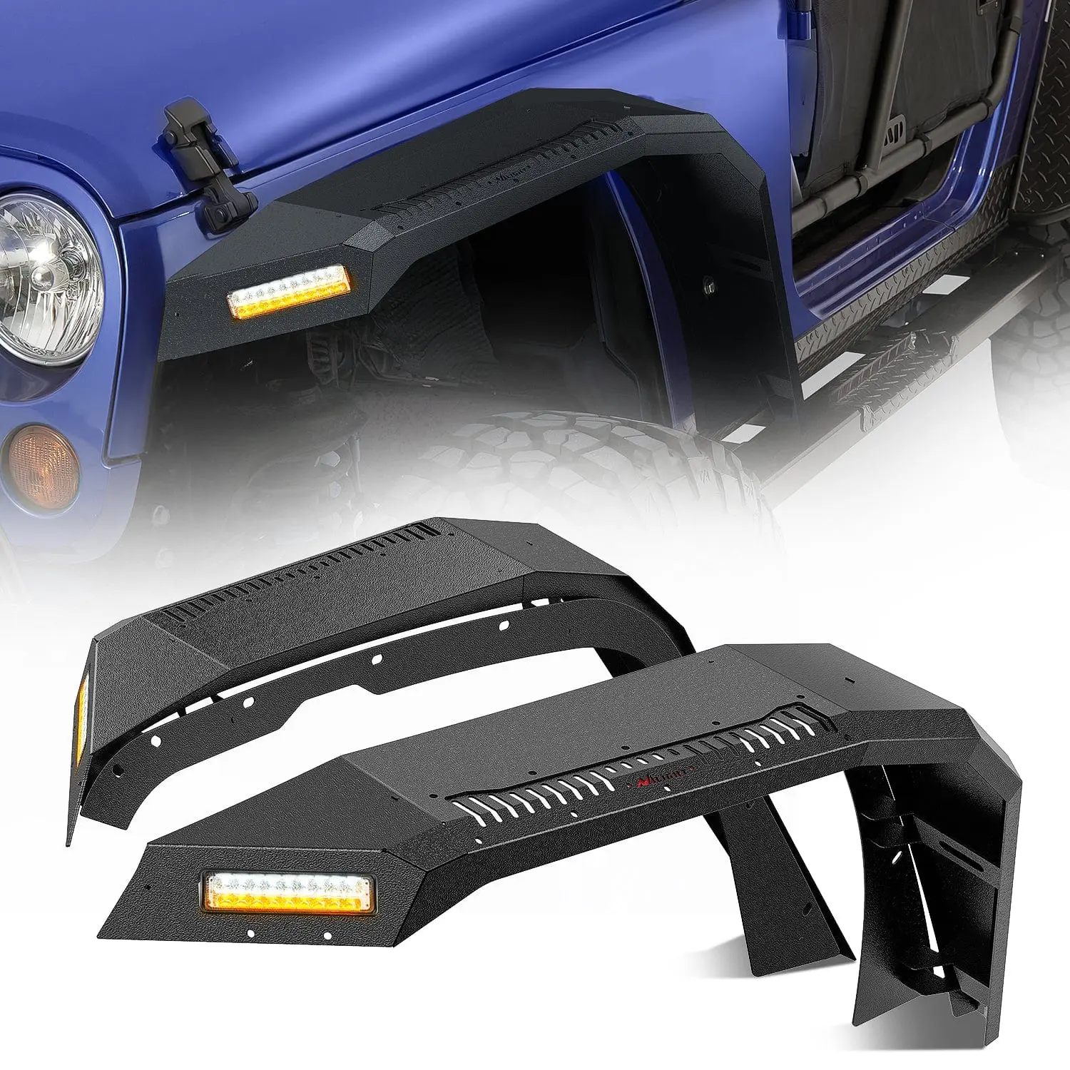 Nilight Wide Flat Top Front Fender Flares - 8.26" Width Forged Steel Bolt-On Car Accessories with LED Turn Signals & DRL for 2007-2018 Jeep Wrangler JK 2/4 Door Vehicles
