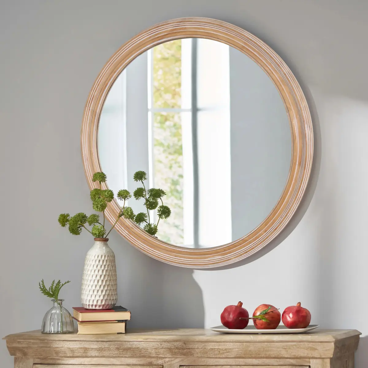 35.43 inches Round Wall Mirror for Bathroom Vanity, Wooden Farmhouse Circle Mirrors for Bedroom, Entryway, Living Room, Kithen Whitewash Edge Decorative Mirror for Home, Office   WL