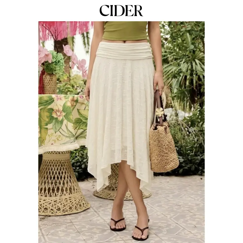 Cider Textured Lace Ruched Mid Rise Asymmetrical Hem Flared Midi Skirt