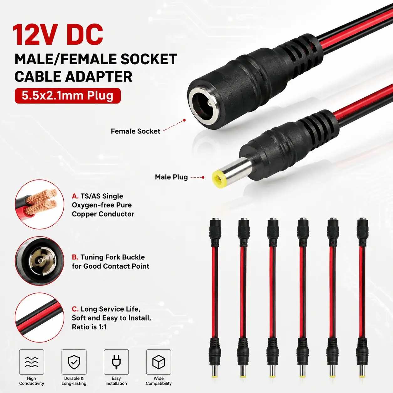 5.5x2.1mm DC Power Connector Kit, Male & Female Plug Adapter Cable for LED Strips, CCTV Camera, Driver, Electrical Wiring (5/20/50 Pcs)