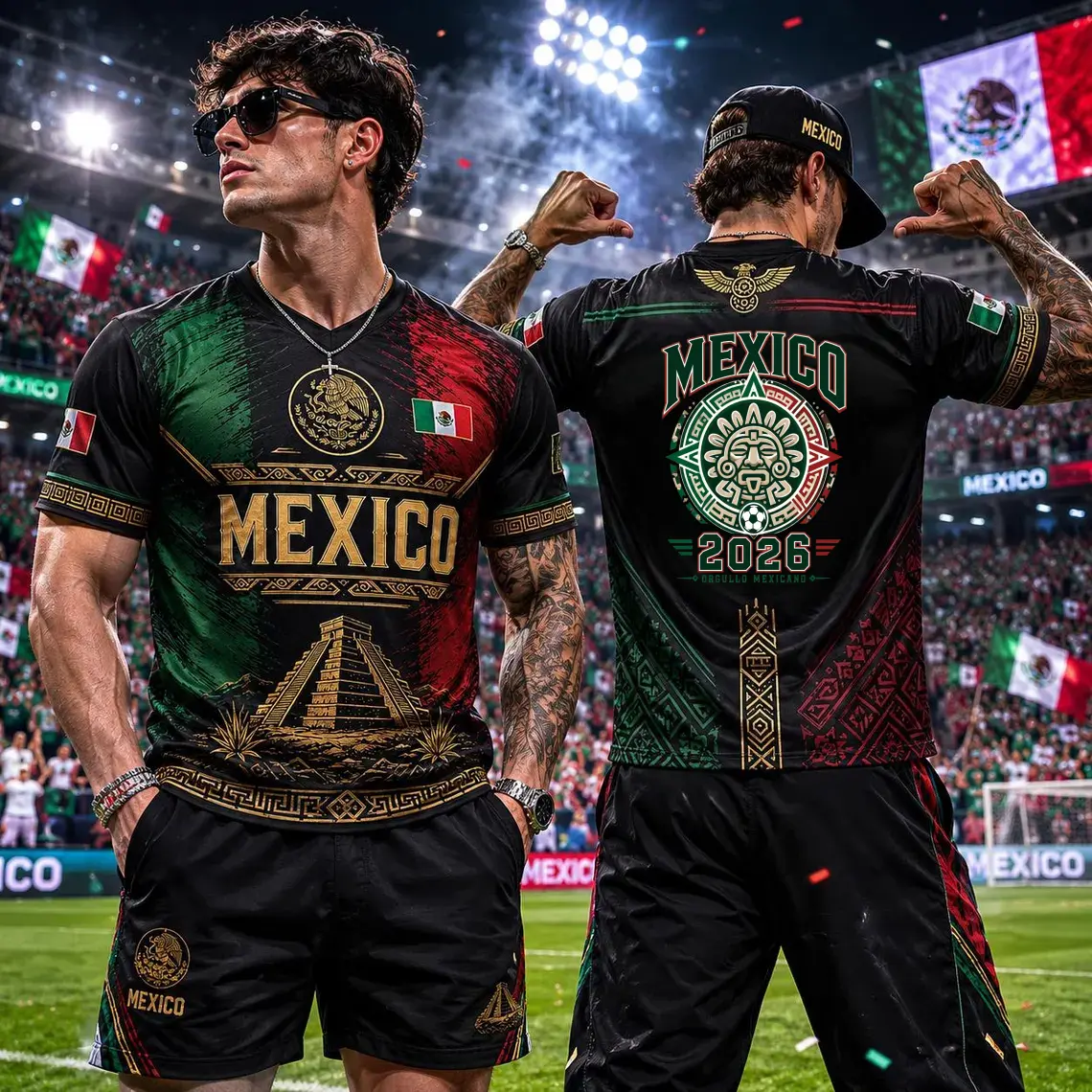 Male Mexico 2026 National Team Style Soccer Uniform - Sporty Chic Design with Aztec Pyramid, Eagle Logos - Summer Professional Sports Wear for Soccer Fans, Ideal Gift, Soccer Fashion