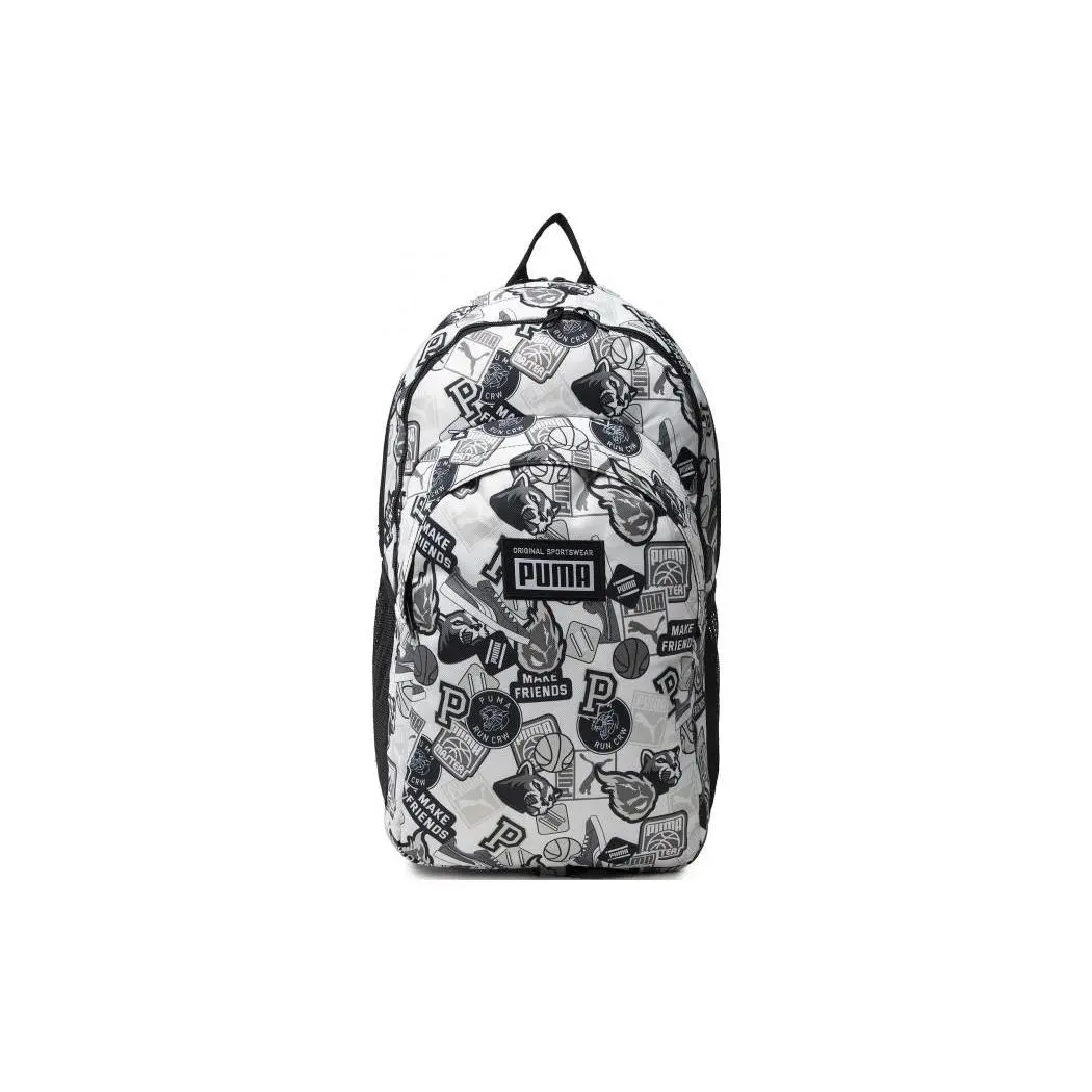PUMA Academy Backpack for Men and Women – Graffiti-Print Sporty Polyester School Bag in White