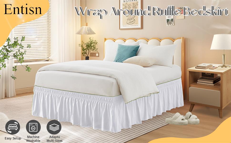 White Bed Skirt for Full & Queen Size Bed - with 14 Inch Tailored Drop, Wrap Around Bed Skirts with Elastic Belt for Easy Fitting - Wrinkle & Fade Resistant