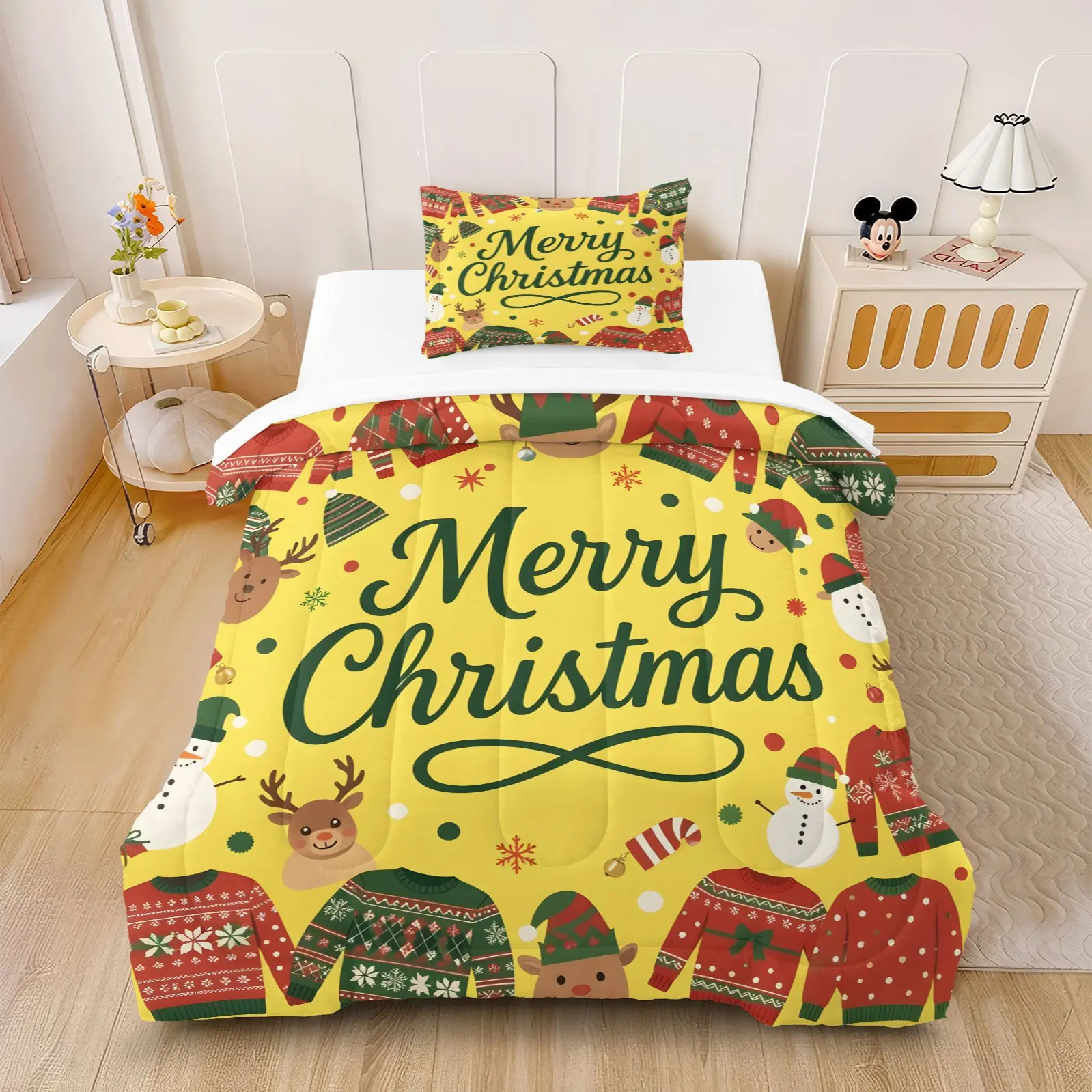2/3Pcs Cartoon Reindeer Snowman Ugly Christmas Sweater Reactive Print Comforter Set, Lump Resistant Fluffy Bedding For College Dorm & Xmas Beach Homestay (With Fillers, No Pillow Inserts)