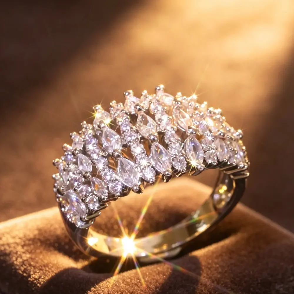 Viral Crown-Inspired Wide Band Ring, Marquise & Round Stone Pave Design, Trendy Statement Jewelry for Everyday & Occasion Wear