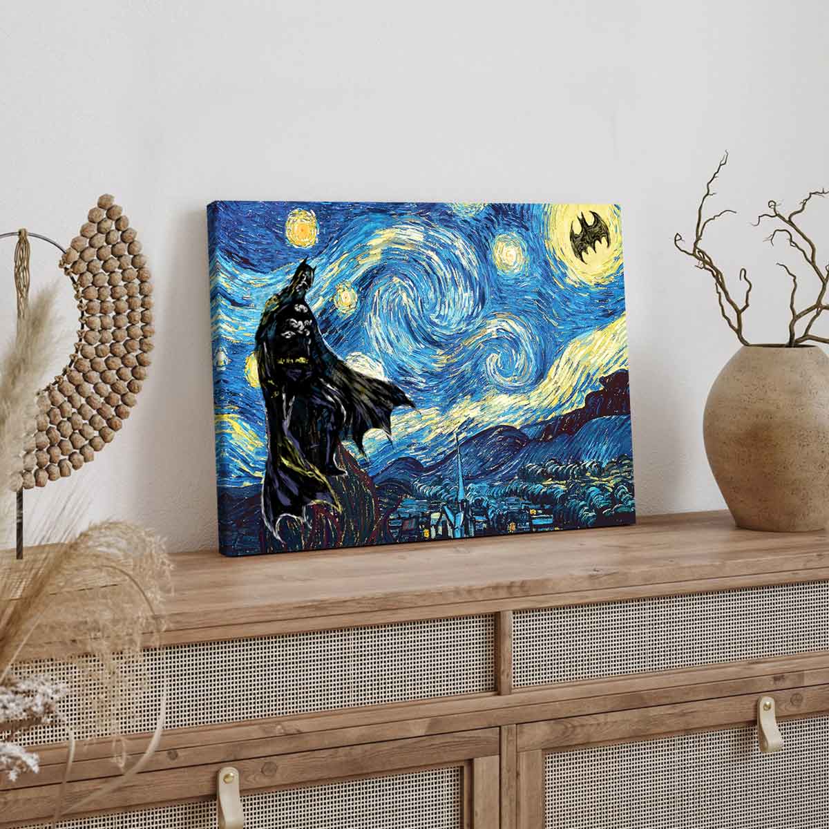 Van Gogh's Starry Sky Pattern Canvas Painting with Frame, Colorful Designs, Modern Art Bat Character Posters, Wall Art Decor for Home Living Room Bedroom Office #GLOBAL PICKS