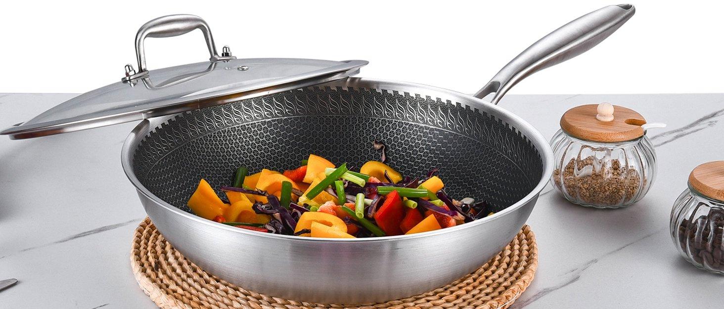 THE WELL KEPT 12-Inch Wok Pan With Lid, Tri-Ply Stainless Steel, Non-Stick, Oven Safe Up to 600F, 5QT Capacity, Induction Compatible