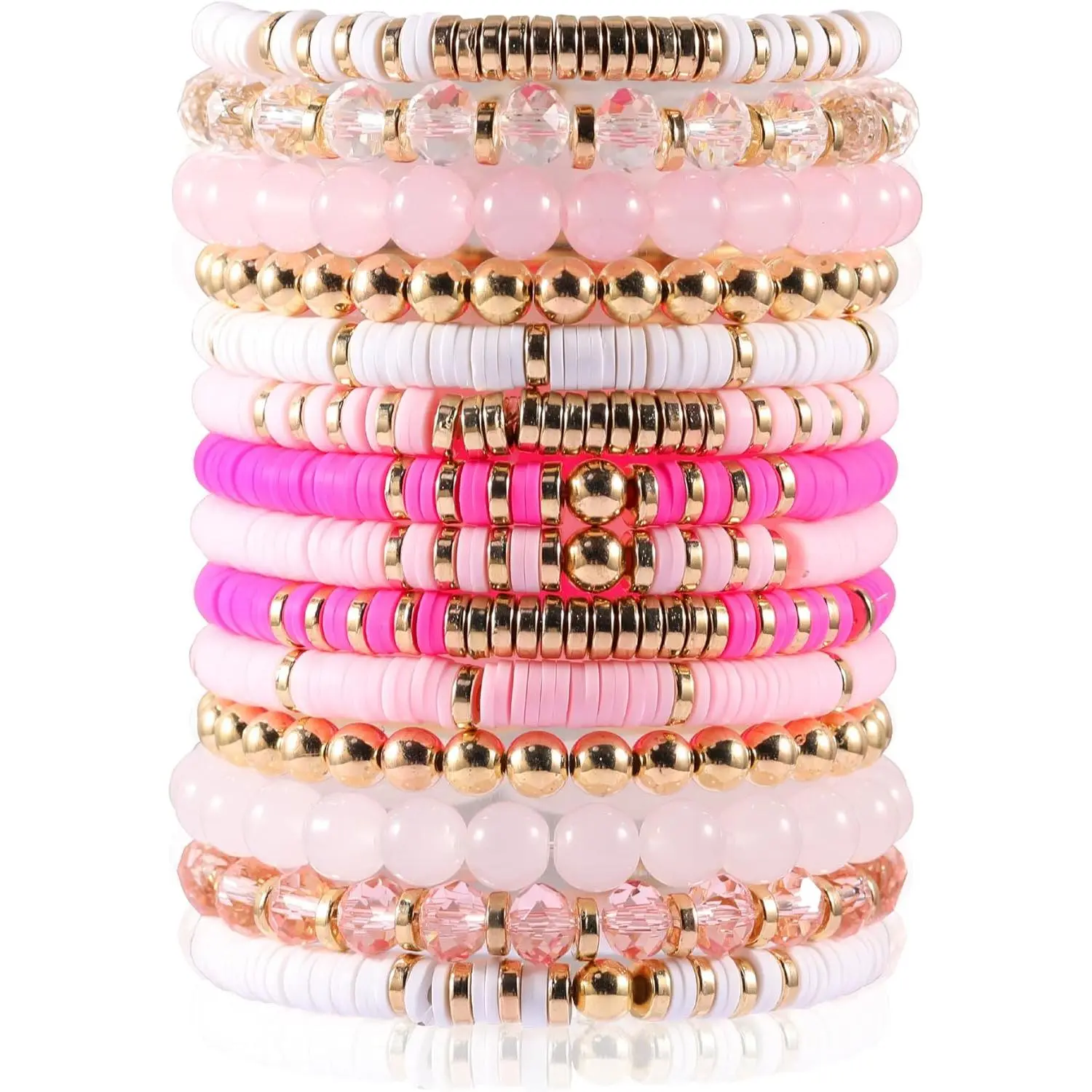 Women's 14pcs Beaded Bracelets Set - Colorful Heishi Clay, Crystal-Inspired Stacking Bangle, Matching Bracelets for Adults' Summer Beach Surfer Jewelry