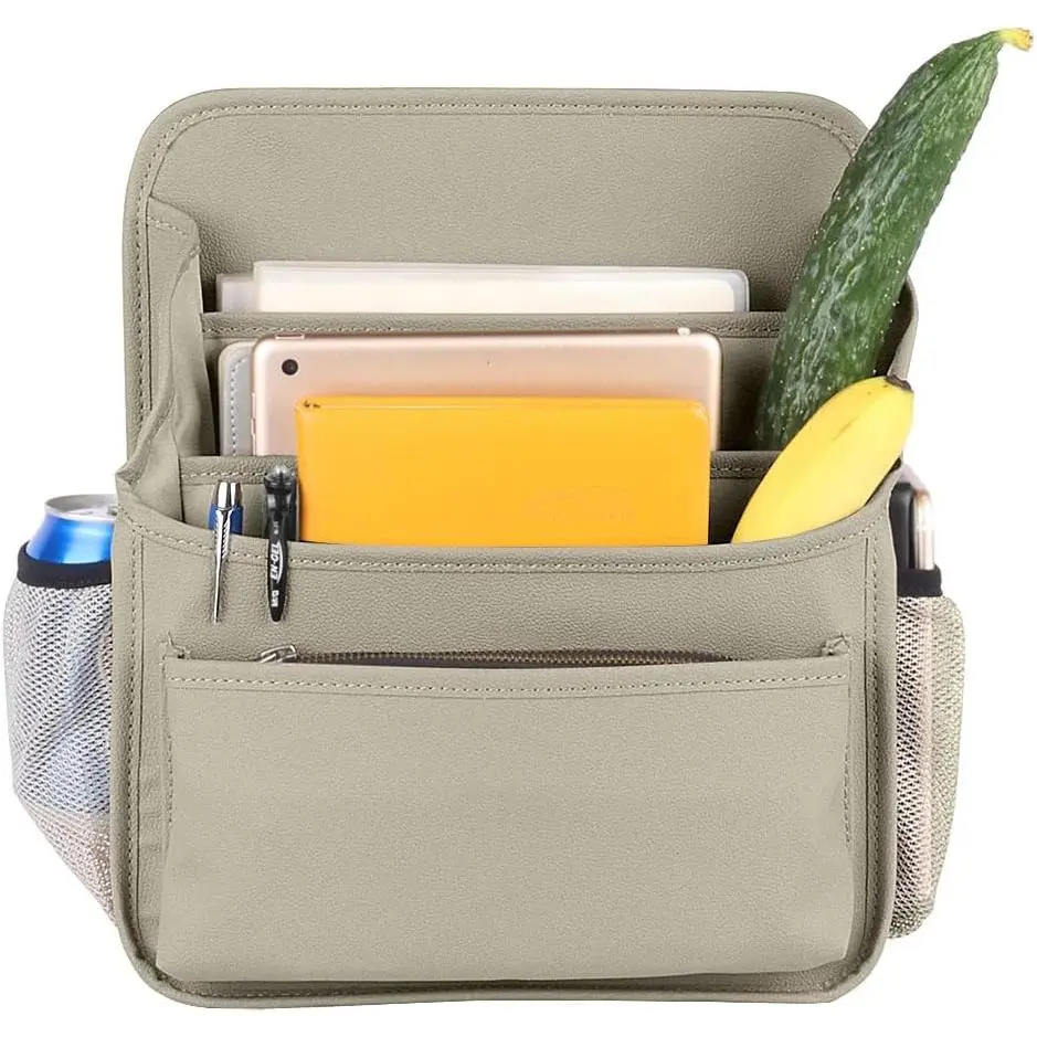 Front Seat Organizer  Upholstery Leather Passenger Seat Storage Bag Large Durable  Organizer with Adjustable Strap Multiple Compartments Mesh Bags Cup Holders (beige)