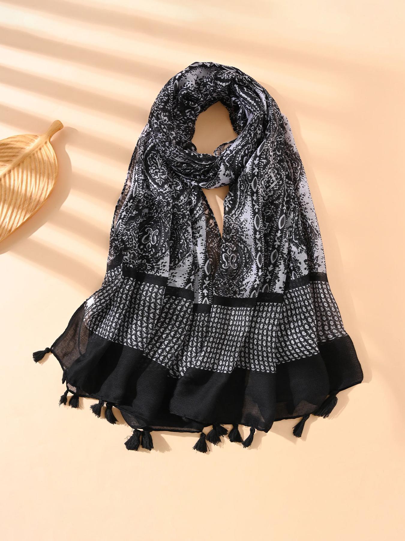 Women's Random Print Fringe Trim Long Scarf, Boho Casual Style Shawl for Beach Vacation, Fashion Accessories for Women & Girls