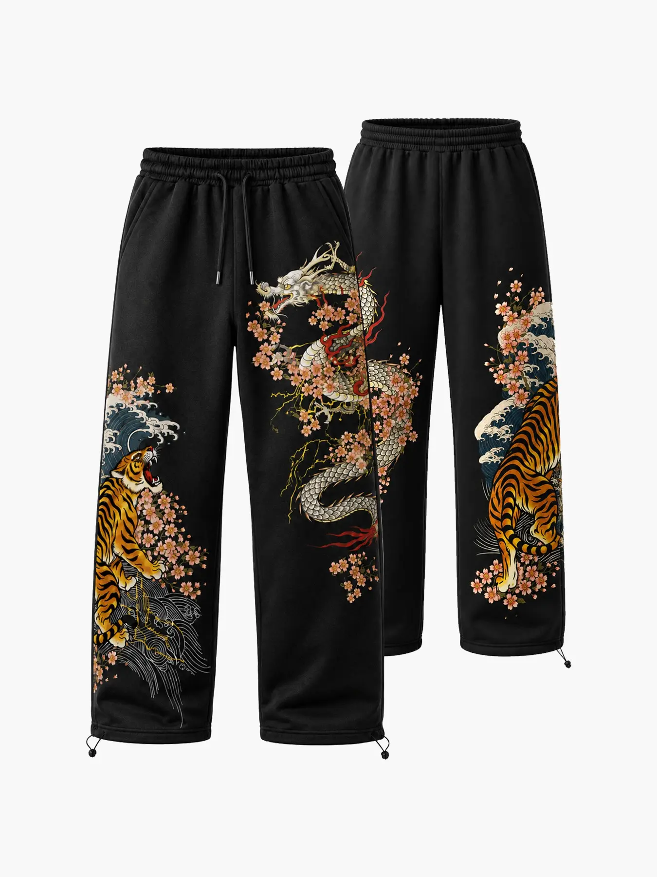 Women's Vintage Tiger Dragon Print Sweatpants, Streetwear Hip-Hop Campus Fashion, Loose-Fit Drawstring Waist, All Seasons