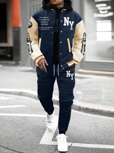 Men's Letter Print Baseball Jacket & Sweatpants Two-Piece Set, Regular Fit Casual Fashion Cozy Breathable Two Piece Outfits for Daily Outdoor Wear, Men Clothes for Fall & Winter