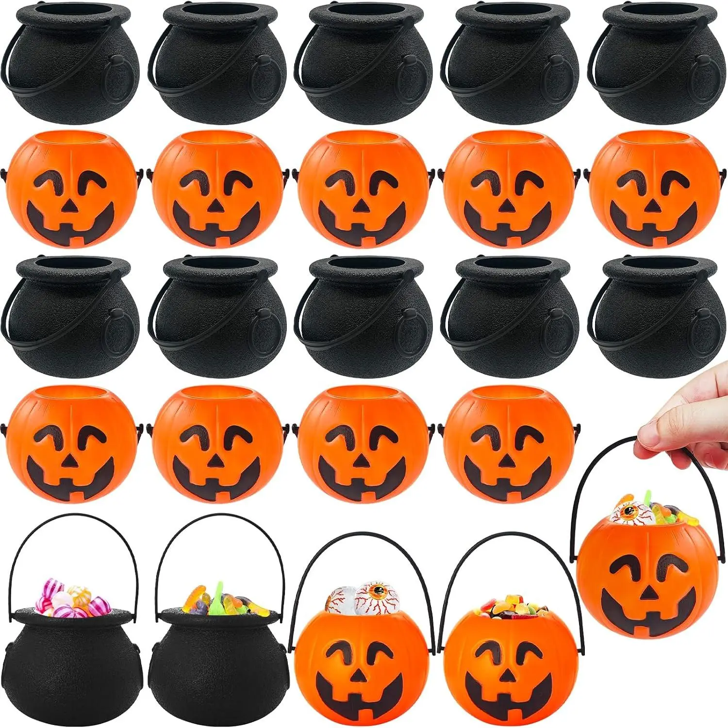 24 count Halloween Mini Candy Buckets,Portable Pumpkin Buckets with Handle,Plastic  Cauldrons for Halloween Party Favors, Décor,Trick or  Accessories