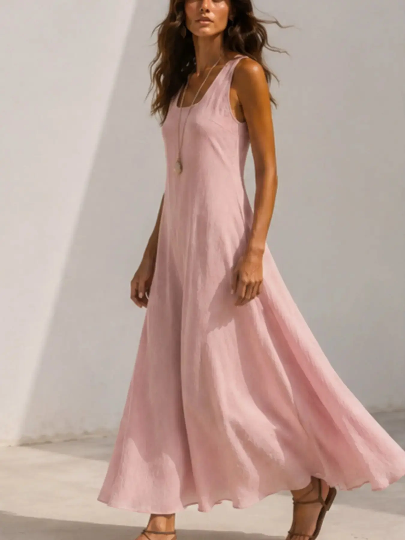 Women’s Sleeveless Maxi Dress, Casual Loose Fit Boho Bohemian Beach Dress with Pockets, Flowy Cotton Linen Textured Long Dress for Vacation