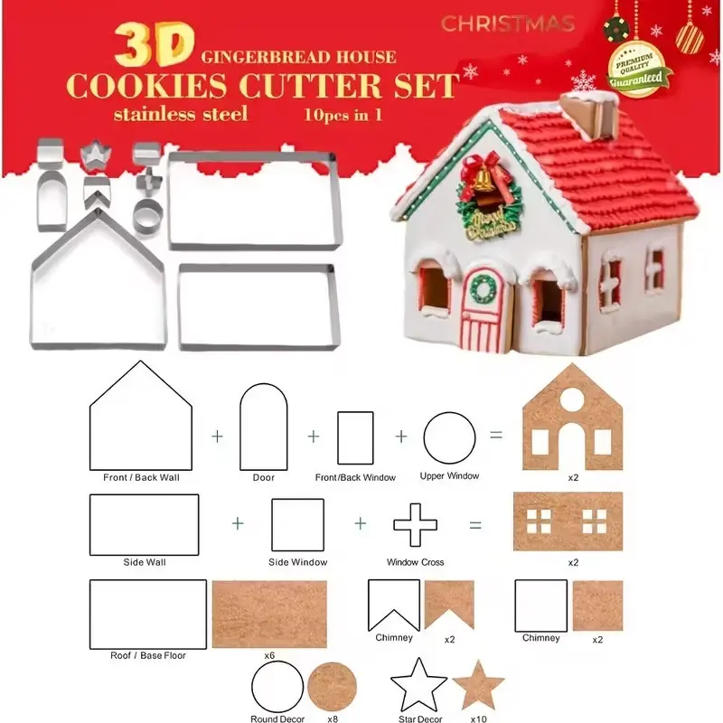 10-Piece Gingerbread House Cookie Cutter Set, Stainless Steel Frosting Mold, Christmas Decor, Holiday Party Supplies, Kitchen Tools