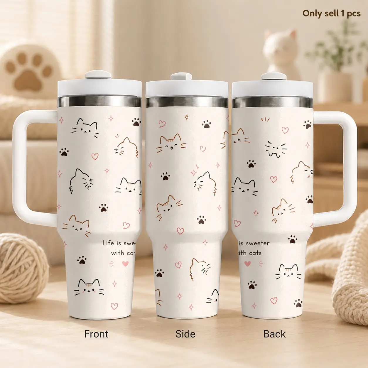Simple Art Cat Cute Texture Vacuum Flasks 40oz Stainless Steel Insulated Tumbler with Handle & Straw Leakproof Travel Mug