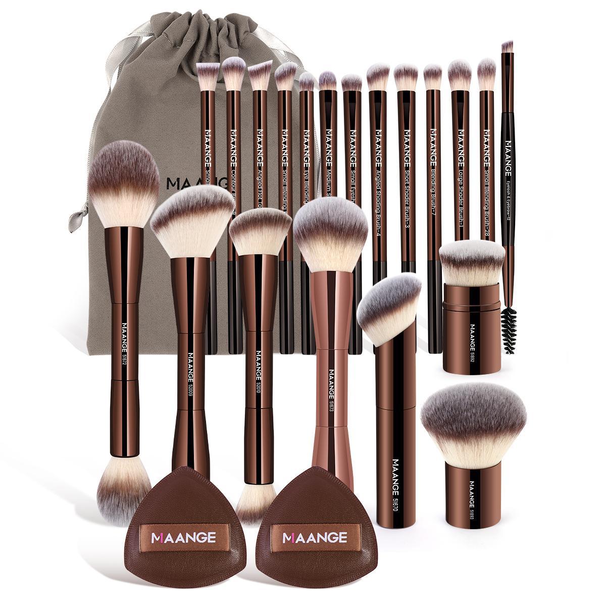 Maange 10/20-Piece Aluminum Makeup Brush Set, Includes Foundation, Powder, Blush, Eyeshadow, Concealer, Highlighter, Sponge, Storage Box