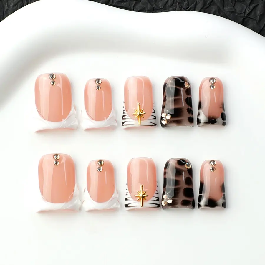 10 Pcs Handmade Press-On Nails, 3D Sparkly Nude French Gel False Nails, Reusable Durable, Y2K Style, Perfect for Daily Use, Nail Art Supplies, Gifts for Women