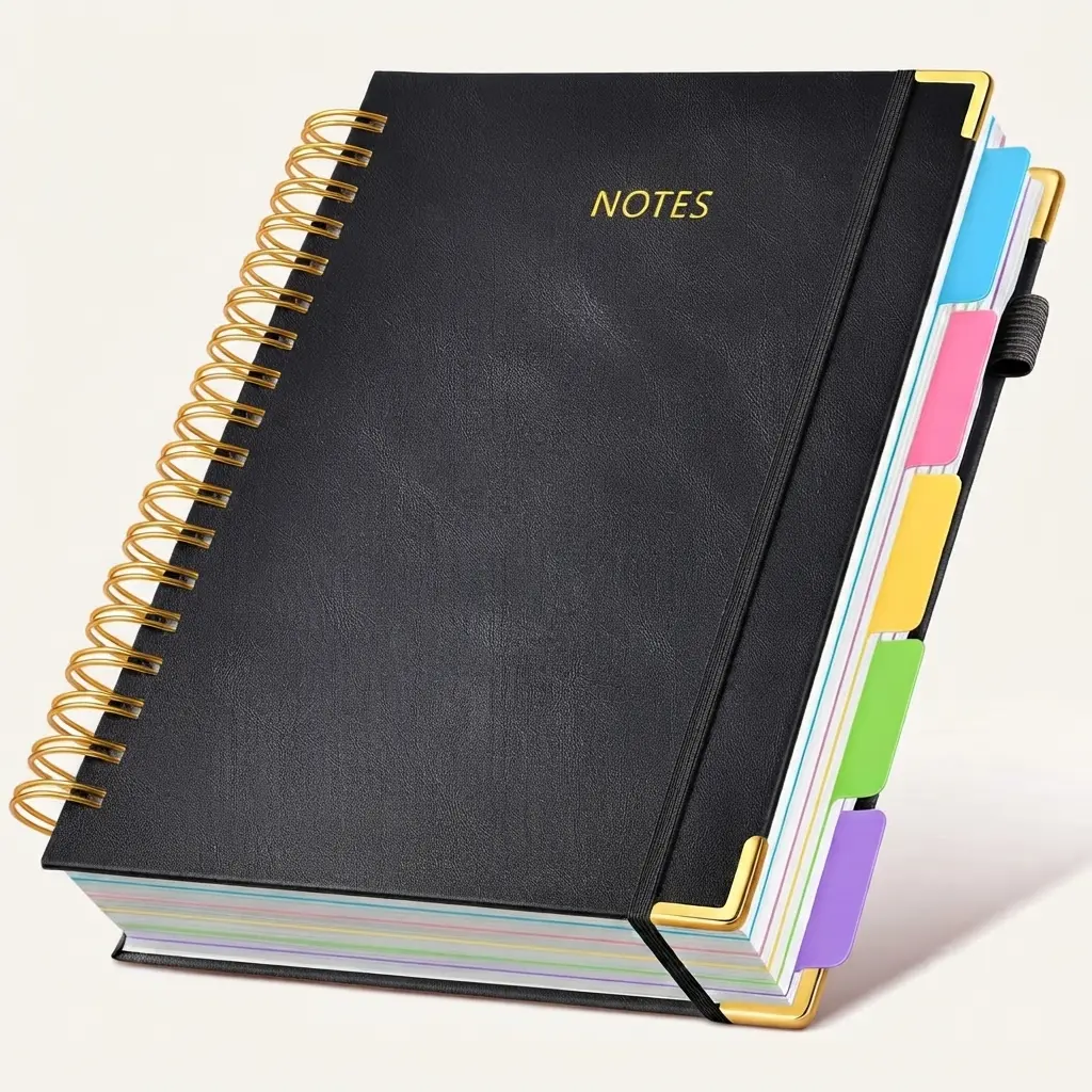 Hardcover Spiral Notebook Journal with Removable Divider Tabs, 300-Page Leather 5-Subject College Ruled Notebook, B5 Notebook for Work, School Note-Taking, Black