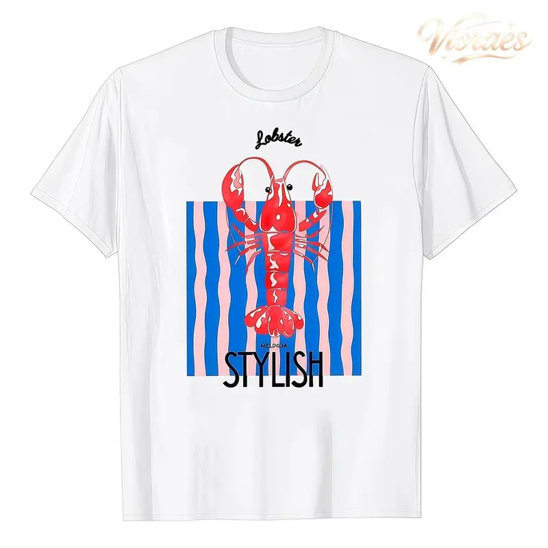 Women's 100% fabric Loose Short-Sleeve Red and White Striped Lobster Print T-Shirt, Essential Fits for Spring, Summer, Everyday Sports & Outdoor Activities, Shortsleeve, Casual, Comfy, Outfits, Printed, Graphic, Lightweight