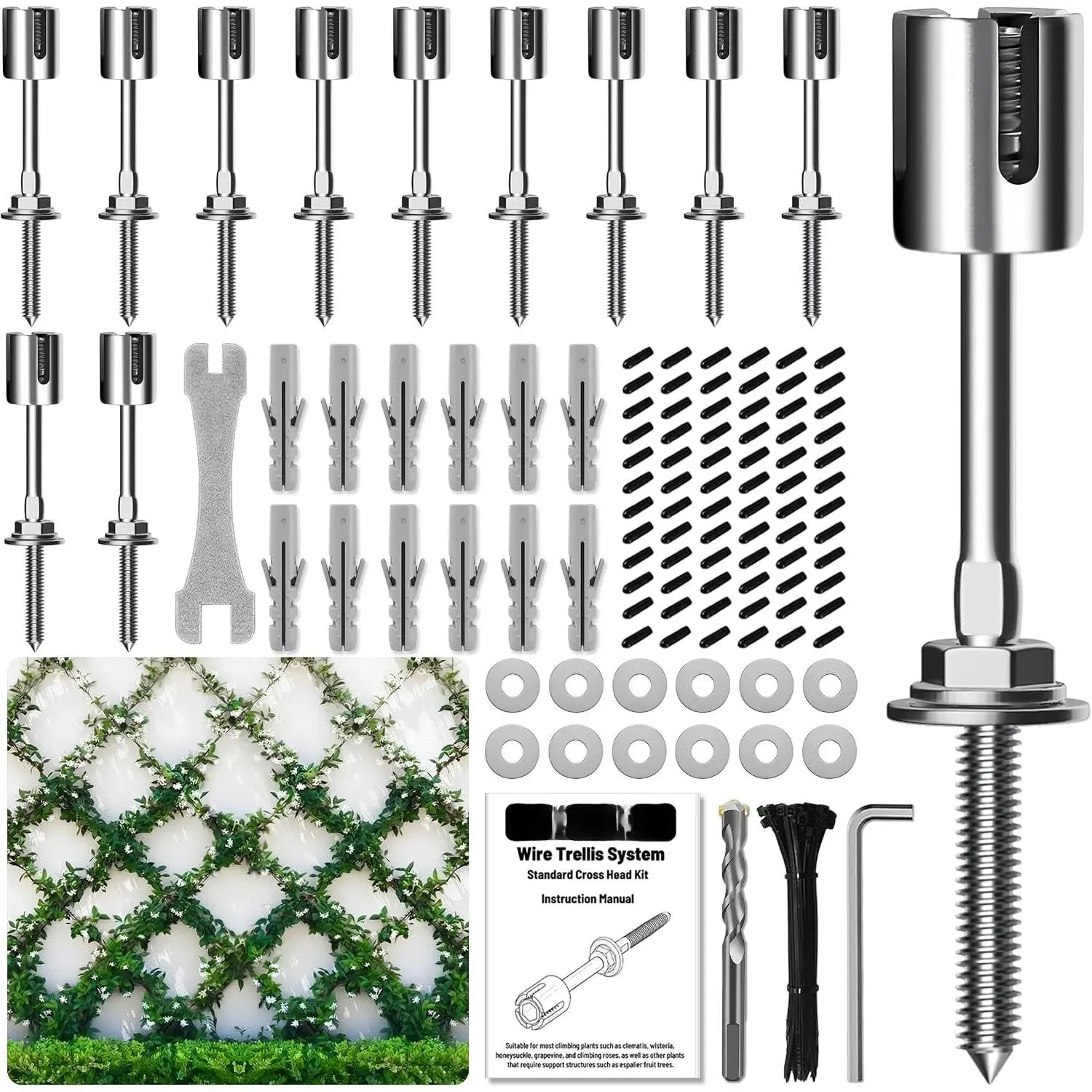 Wire Trellis for Climbing  Outdoor, 12 count Wall Wire Trellis Kit, T316 Stainless Steel Wall Trellis Kit Espalier  Trellis System (Hubs Only, Without )