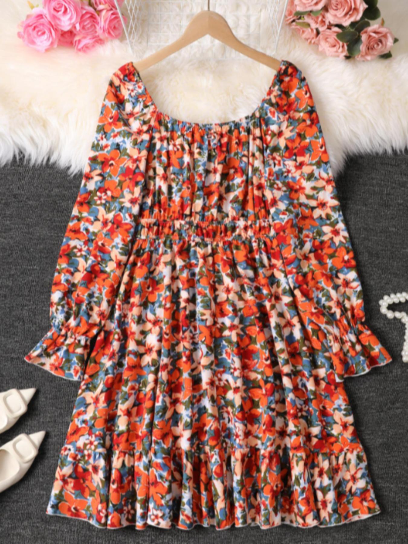 【Plus Size】 Summer Plain Casual Ruched Peplum Hem Flounce Sleeve Dress, Plus Elegant Scoop Neck Long Sleeve A Line Dress for Party Holiday Wedding Guest, Homecoming Dresses, Lady Plus Clothes for Fall & Winter