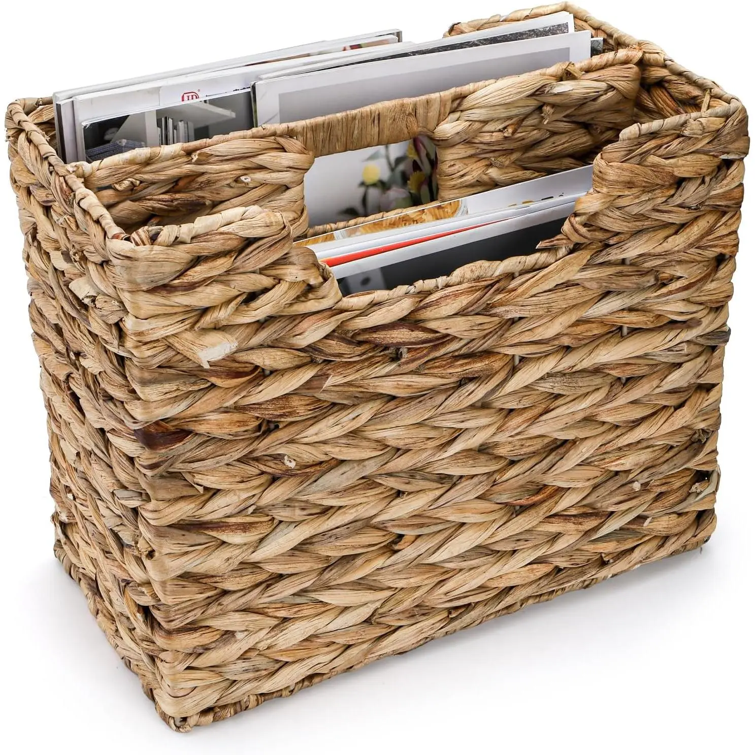 Hand-Woven Magazine Basket, Natural Narrow Water Hyacinth Holder Magazine Wicker Basket Organizer for Files, Decorative Divided Magazine Storage Basket Bin with Handle for Home, Office, Desk