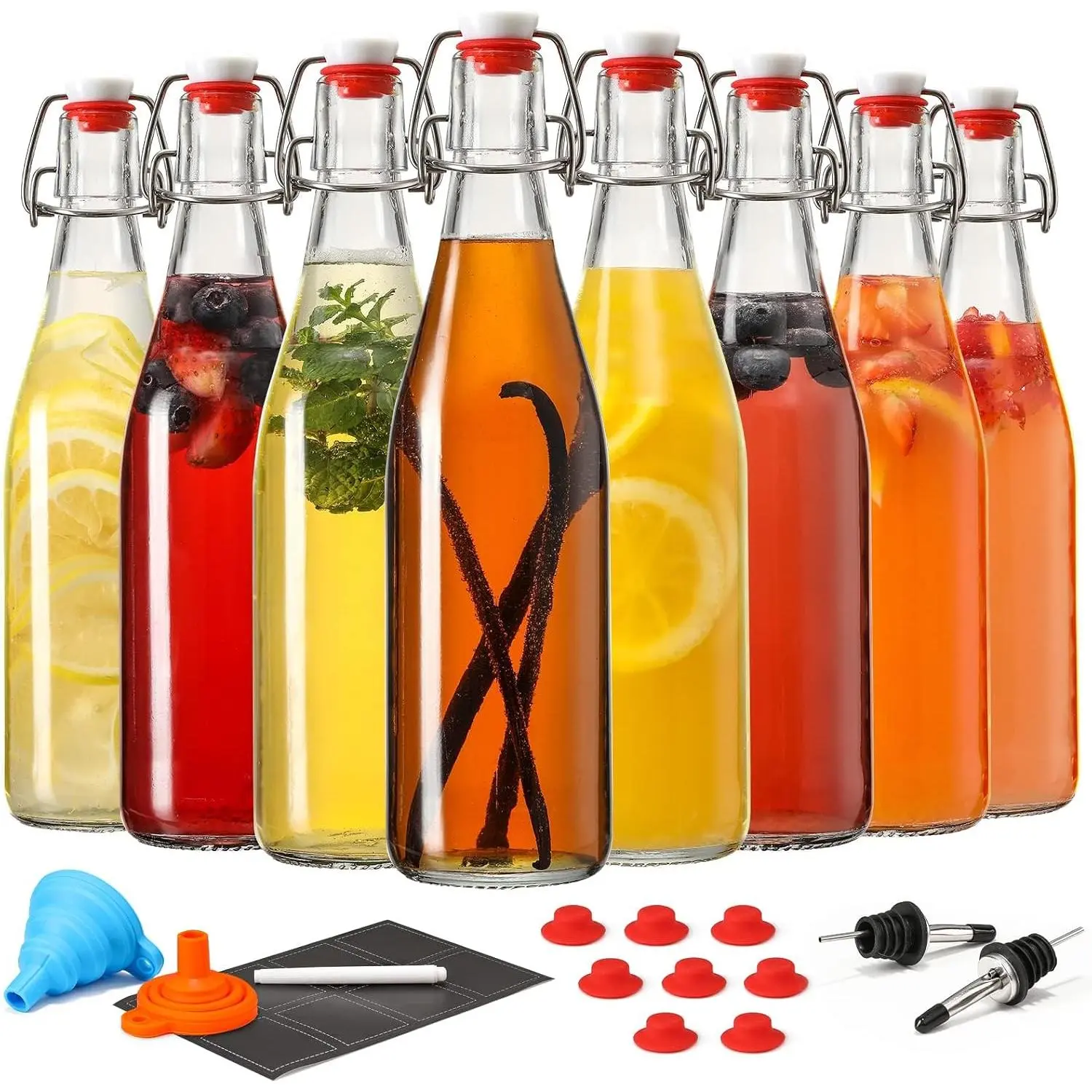 8 Set 16 OZ Swing Top Glass Bottles - Flip Top  Brewing Bottles with Stopper for Fermentation, Kombucha,  Kefir, Vanilla Extract, Juice, , , Soda - Airtight Cap , Bonus 2 Pourers