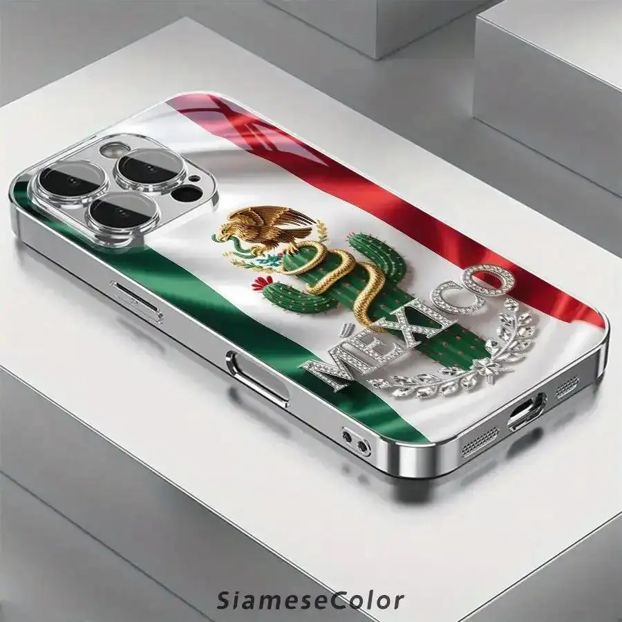 Mexican Flag 2D Pattern Diamond Badge Glass Phone Case with TPU Cover & Accessories, Shockproof Protection for iPhone 18/17/16/15/14/13/12/11 Plus Pro Max, Includes