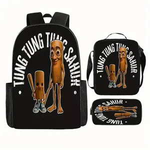 Tung Tung retro sunset black base fun cartoon three-piece school bag set, including a backpack, insulated lunch bag, and stationery storage bag, for daily use by teenagers