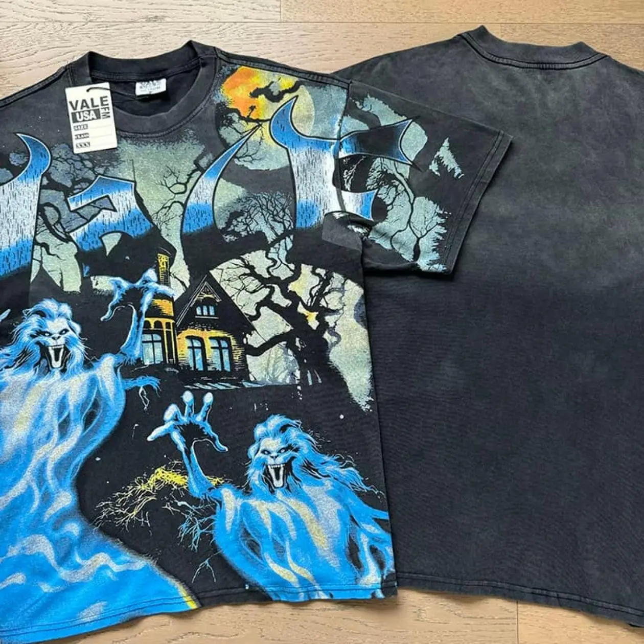 VALE Haunted House Graphic T-Shirt, Vintage Washed Pure Cotton Tee, Y2K Hip Hop Streetwear Short Sleeve Top, Oversized Retro Summer Fashion