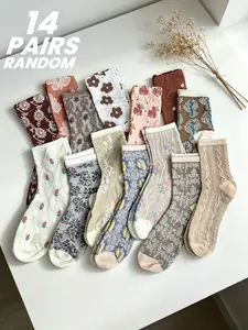 Random 5/9/14 Pairs Mid-Calf Socks, Vintage Cute Style, Casual Stylish Socks, Small Floral Jacquard Embossment, Ribbed Cuff, Skin-friendly & Breathable, Versatile Forest Style Daily Socks