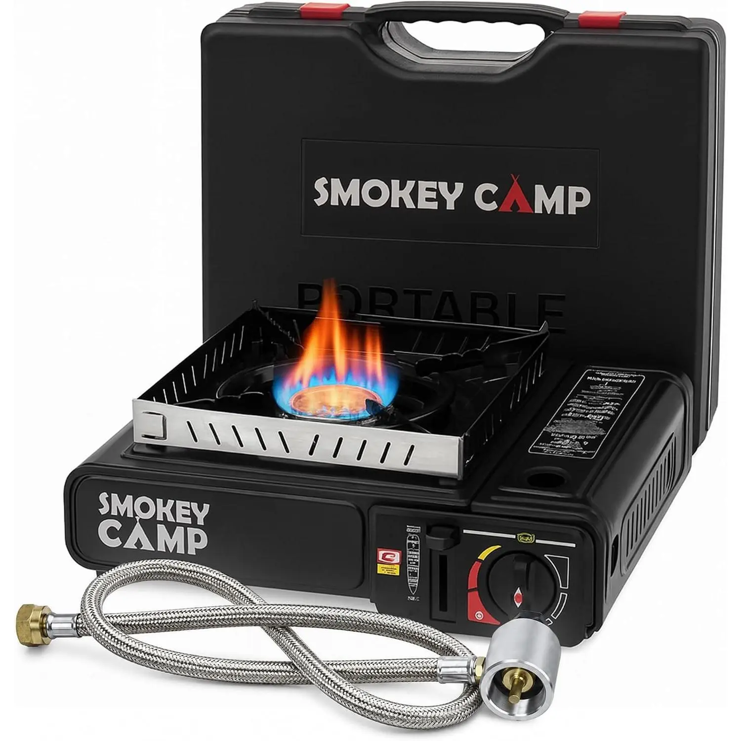 Portable Camping Stove, 3000W Dual Fuel Butane & Propane Gas Stove, Automatic Ignition, Adjustable Flame Control, Compact Backpacking Stove for Camping & Outdoor Cooking (with Adapter Pipe)Gift