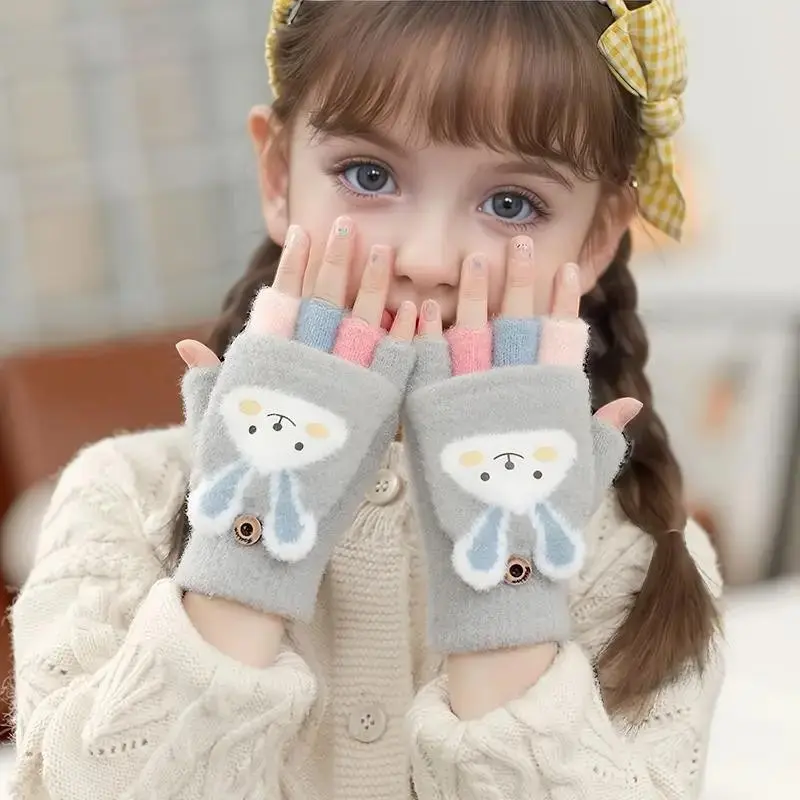Comfortable Fleece Lined Knit Polyester Half-Finger Rabbit Design Gloves for Kids, Ideal for Winter Outdoor Activities and Daily Use, Christmas Gift for Girls