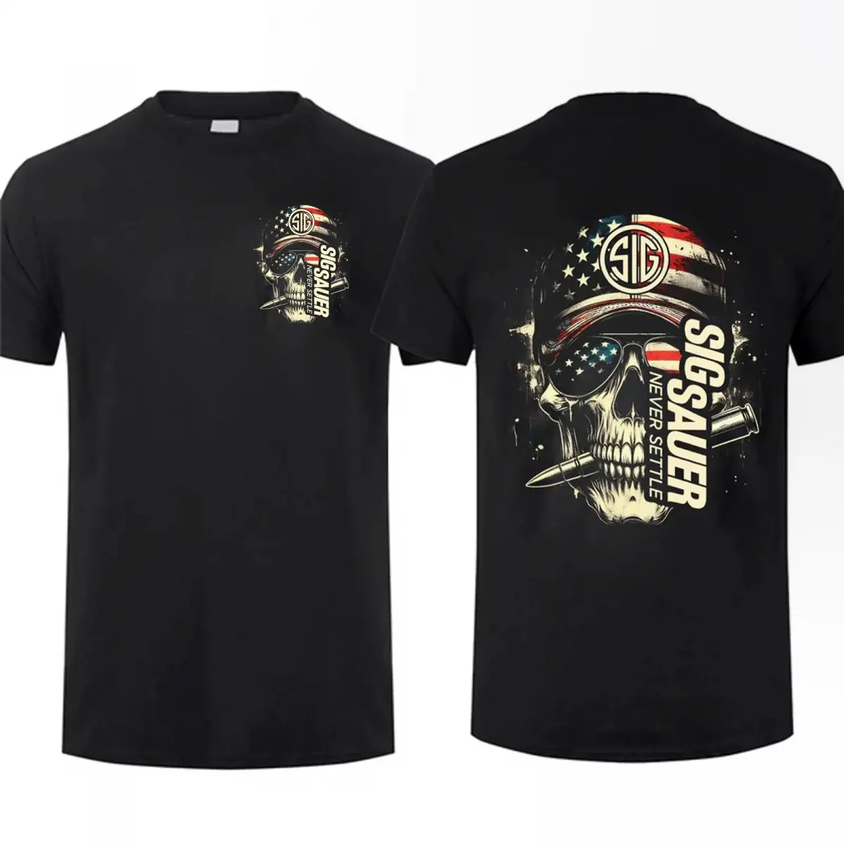 🎀 [street wear]Sig Sauer American Skull Flag 2 Sided T-Shirt, Unisex Short Sleeve Casual 100% Cotton, Top Menswear, Tactical Gear, Gun Lover fathers day gift ideas