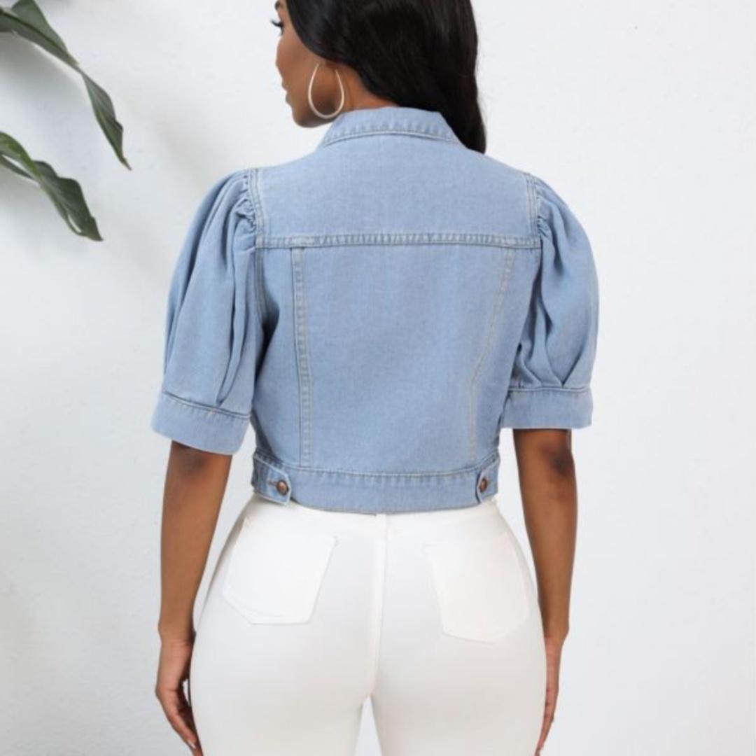 Puff Sleeve Cropped Denim Jacket | Short Sleeve Button-Up Jean Jacket | Casual Summer Denim Outerwear for Women 2026