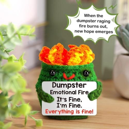 Unique Handmade Crochet Dumpster with Emotional Fire Support & Positive Vibes. Ideal as a funny birthday gift for friends, this adorable and creative decor stands out as a thoughtful present to bring laughter and warm encouragement to anyone.