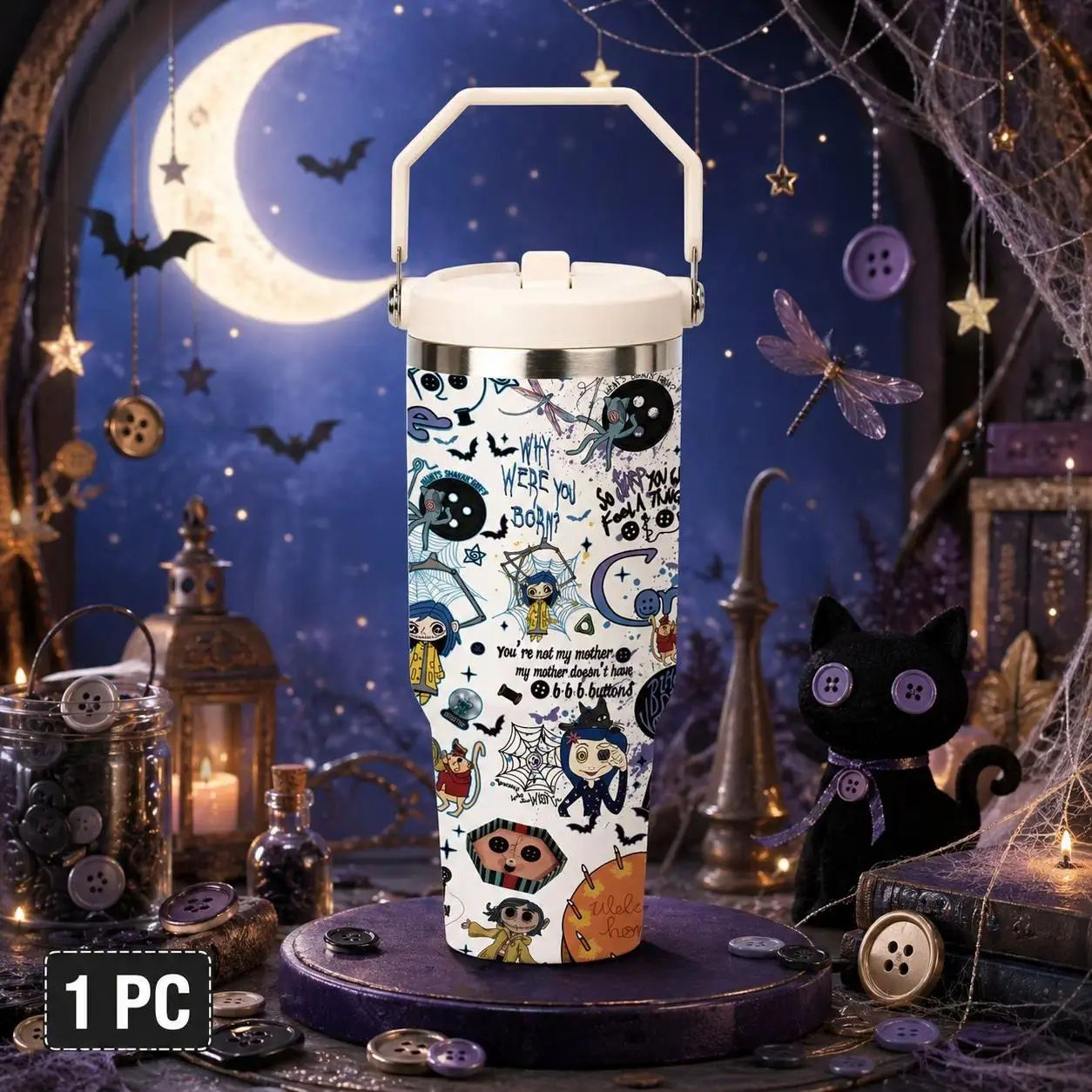 30oz Coraline Creepy Cute Vacuum Insulated Stainless Steel Flask - Tumbler Shape Mug with Button Lid, Thermal Coffee Travel Drinkware Gift, Flasks