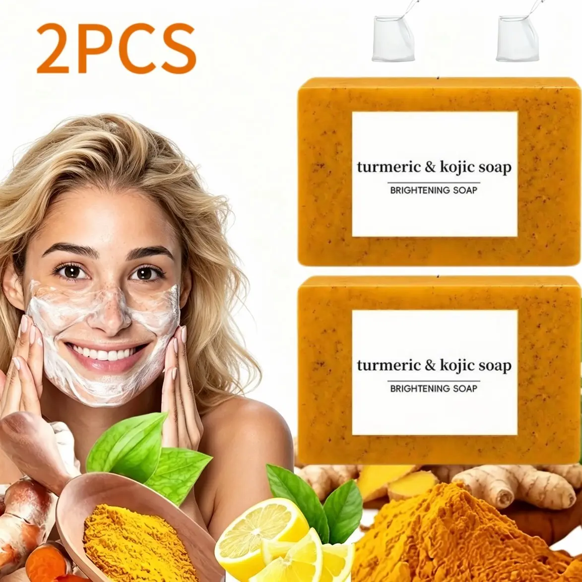 2PCS Lemon Turmeric Kojic Acid Soap Bar, Turmeric Cleansing Soap, Brightening Kojic Acid Soap for Dark Spot Removal, Organic Lemon Body Care Soap, Soap Body Care