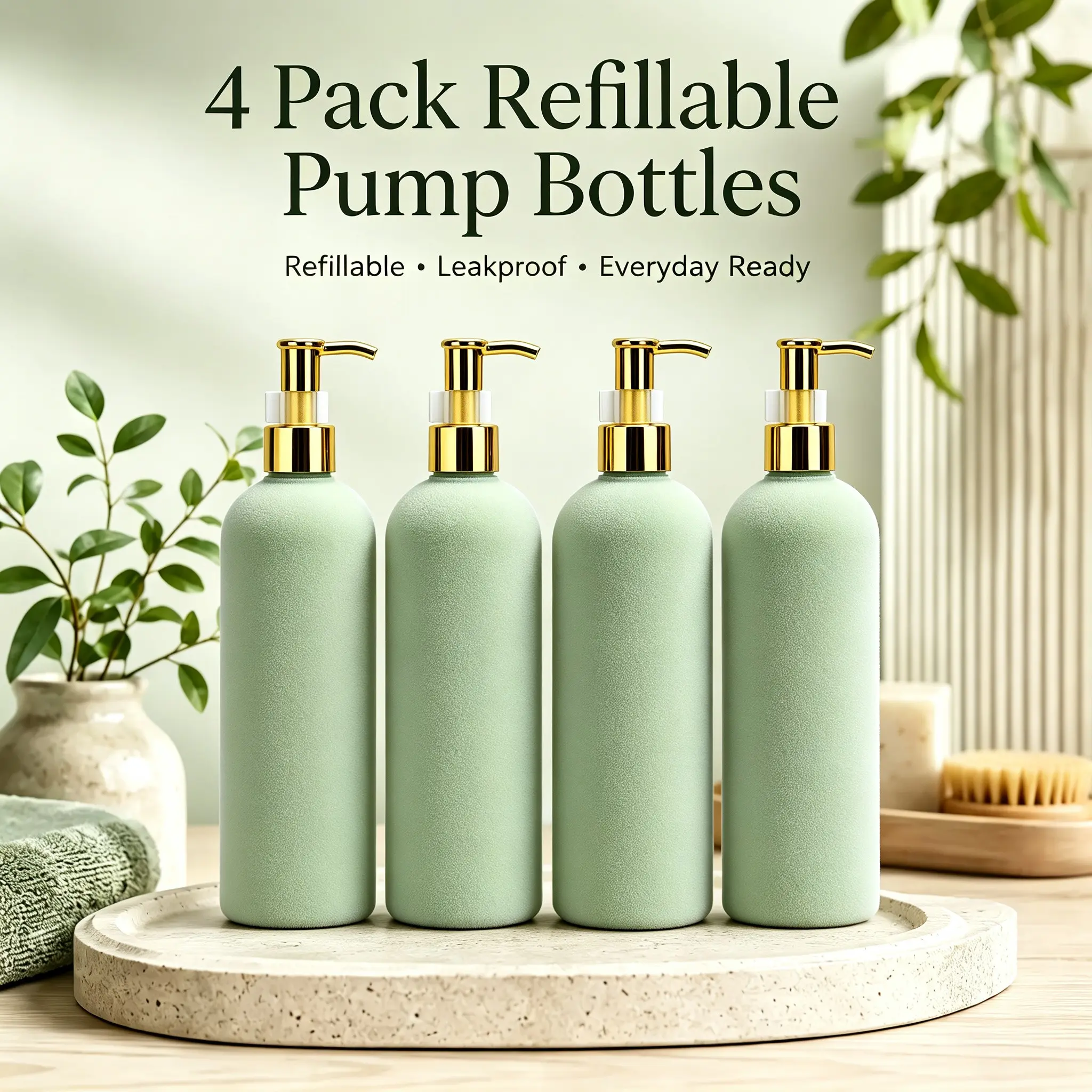 4 Pack 400ml Matte Green Refillable Pump Bottles, Leakproof Gold 24 Tooth Dispenser, Reusable for Bathroom Kitchen Travel Storage