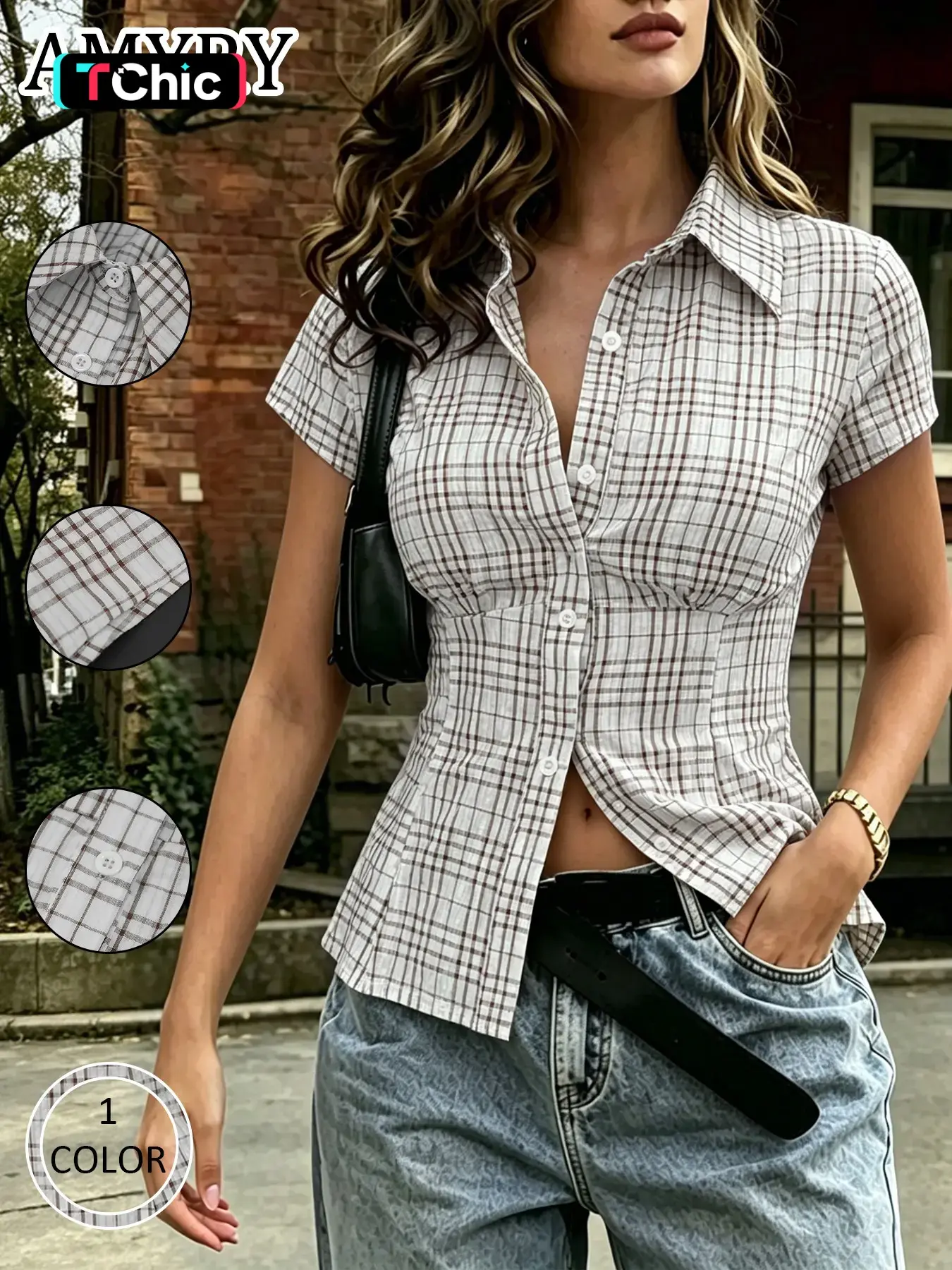 Women's Vintage Plaid Polo Neck Short Sleeve Shirt, Slim-Fitting Summer Top, Casual Daily Tops, Casual College Style Button-Up Blouse, Casual Fitted Collared, Womenswear, Casual Fashion Shirt, Casual Blouse Shirts, Fitted