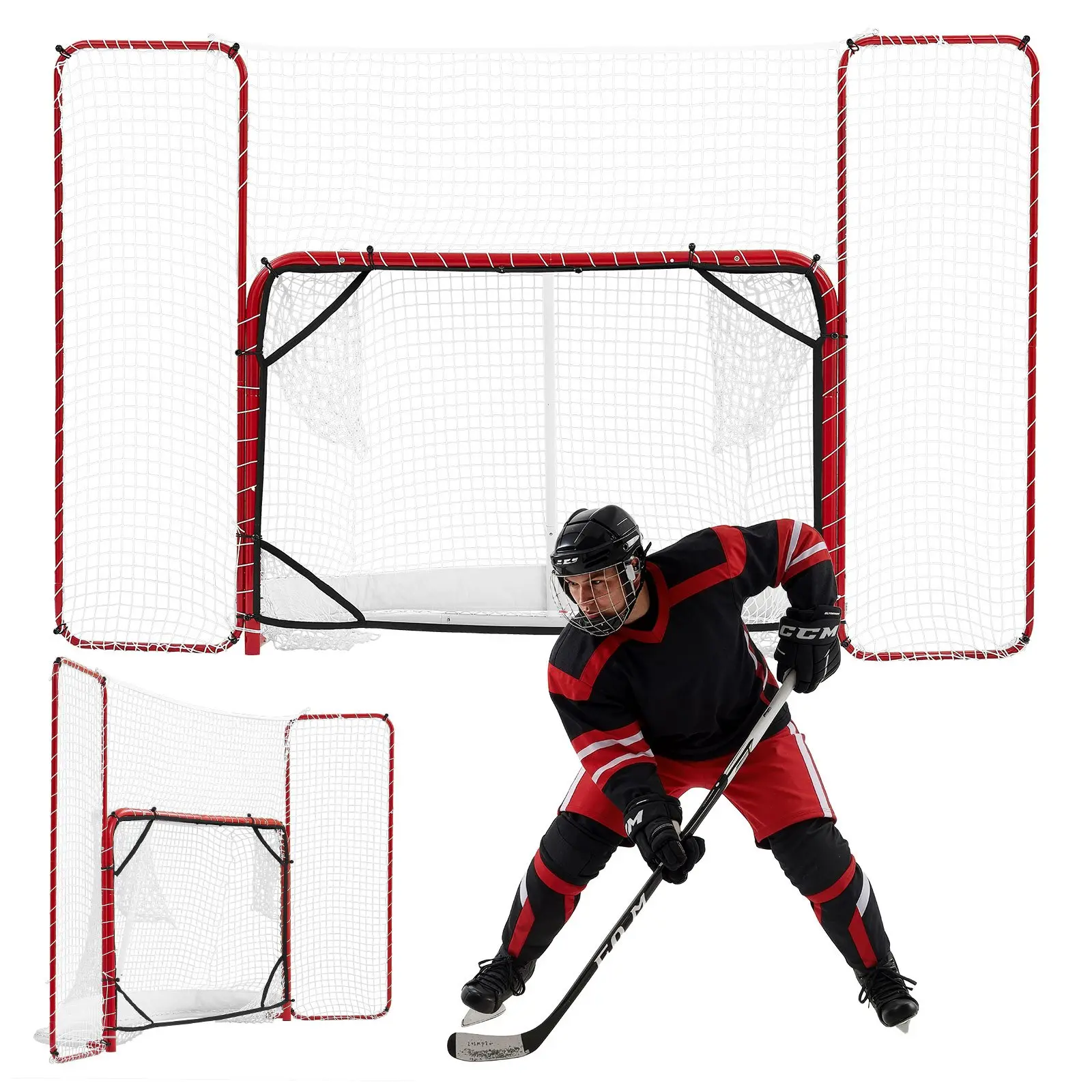 VEVOR 10x6FT Regulation Size Steel Tube Hockey Goal Set with Backstop & Targets, Pro Lightweight Portable Training Equipment, Durable Net for Indoor & Outdoor Use, Easy Assembly, White/Red, Goals, Lightweight And Portable