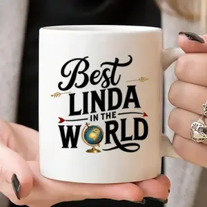 1 set of 11 ounce ceramic coffee cups with the design of "The World's Best Linda" text ceramic cup - insulated white coffee cup on one side, suitable for hot and cold drinks, fun gifts, for men and women (Halloween, Christmas, office and home decoration)