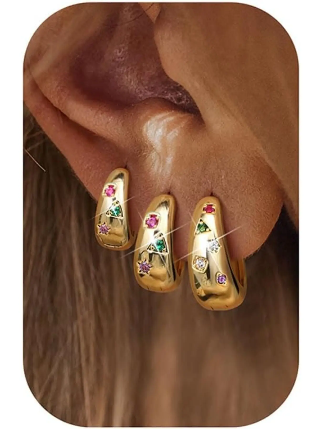 14k Hoop Earrings Set for Women, 3 Pairs Chunky Huggie Earrings, Lightweight Hypoallergenic, Multicolor Cz, Multiple Piercing, Earrings Hoops