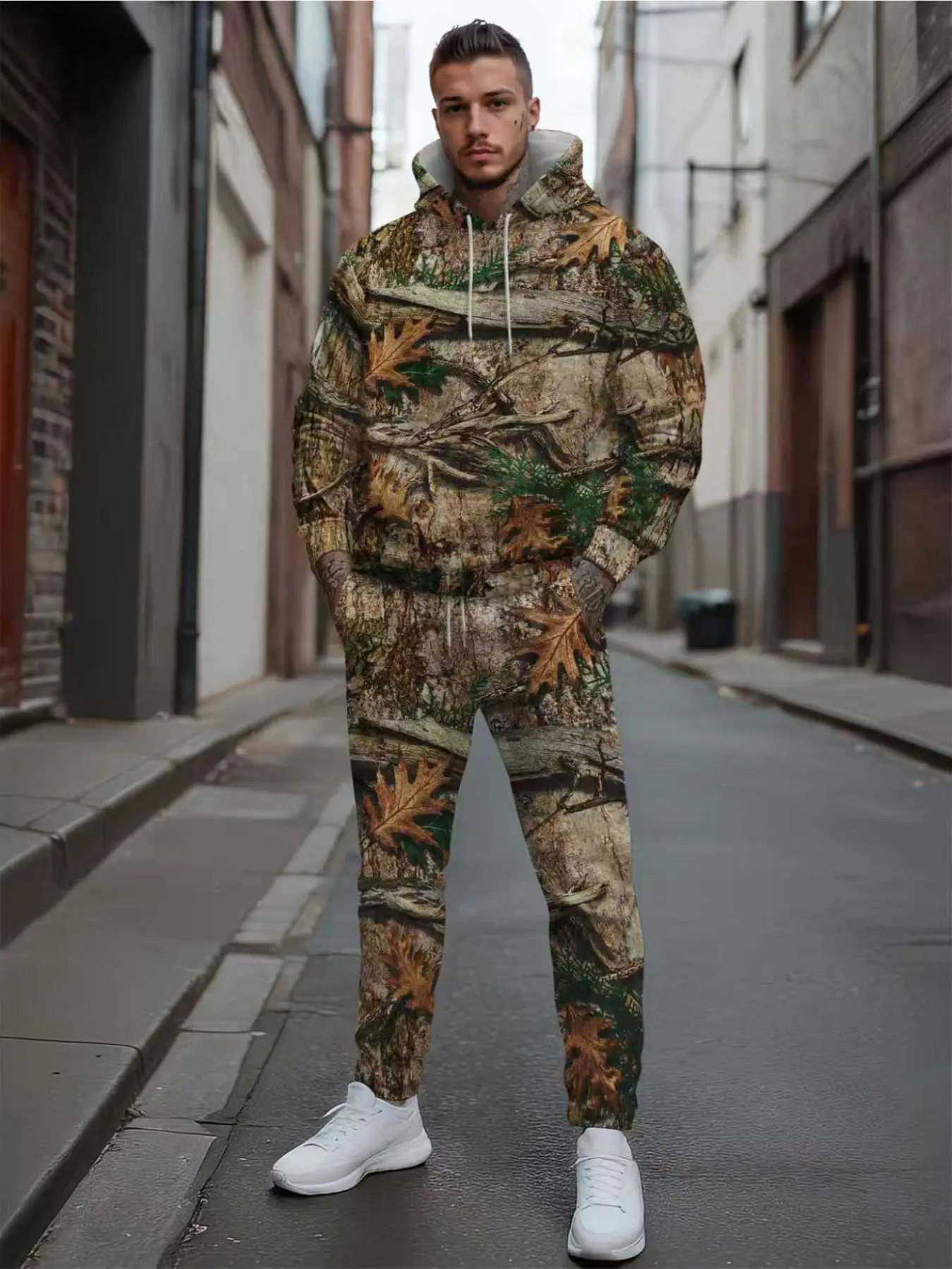 Men's Outdoor Jungle Leaf Camo Hoodie Set, Hunting Bio Tree Pattern Camo Long Pants Two-Piece Set, Loose-Fitting Party Suit