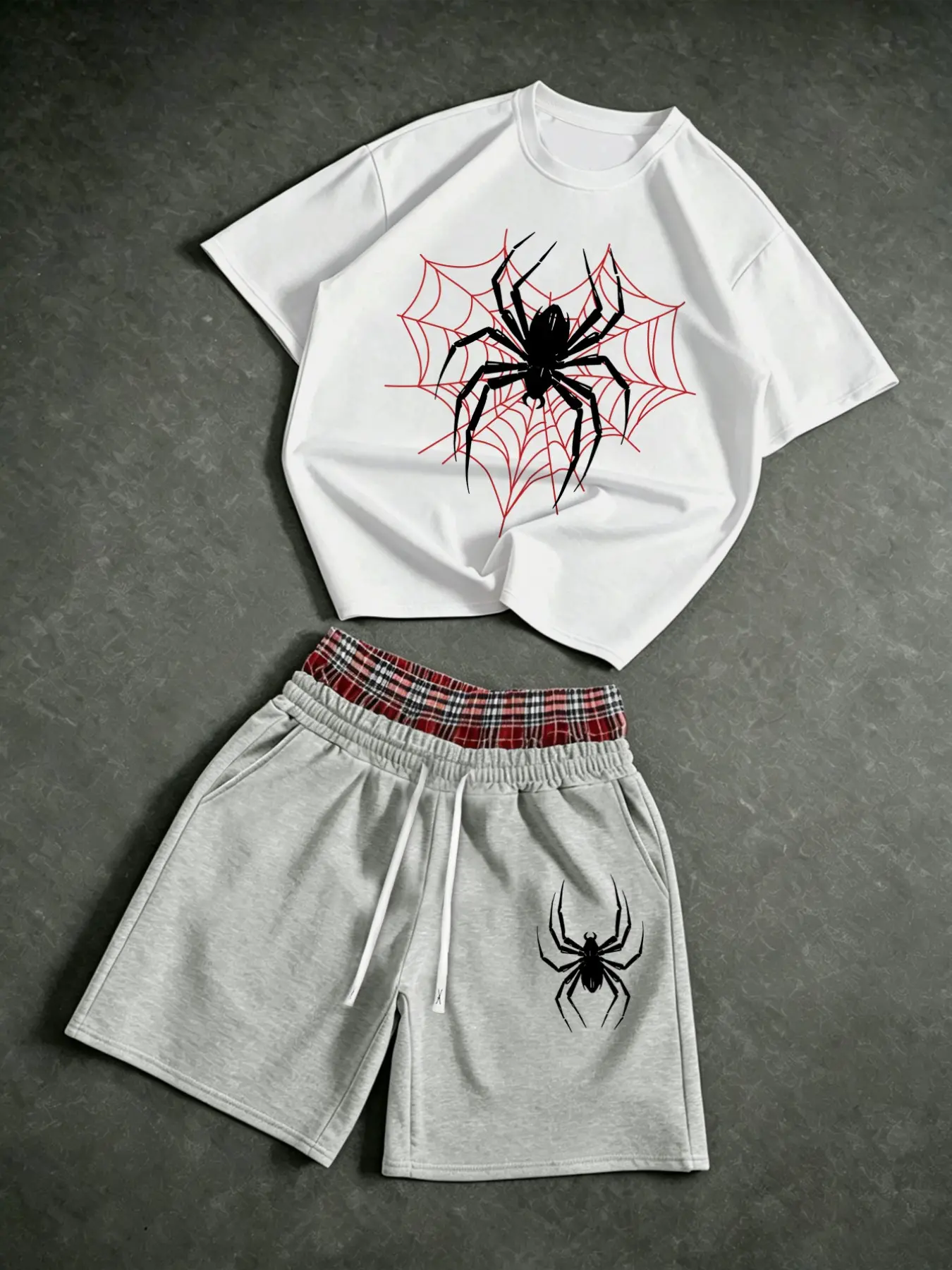 Men's Short-Sleeve T-Shirt: A two-piece men's street style short-sleeve T-shirt and shorts set with a spider-themed design, perfect for everyday summer wear, sports, and creating a cool American casual style.