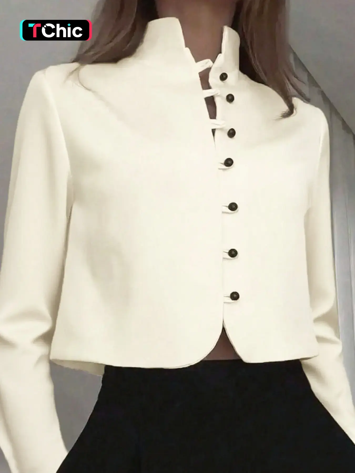 Women's Mandarin Collar Cropped Blouse Top Fully Lined Interior Asymmetrical Button Placket Long Sleeves Curved Hem Slim Silhouette Trendy Elegant Style Perfect for Office Work Brunch Looks, Womenswear