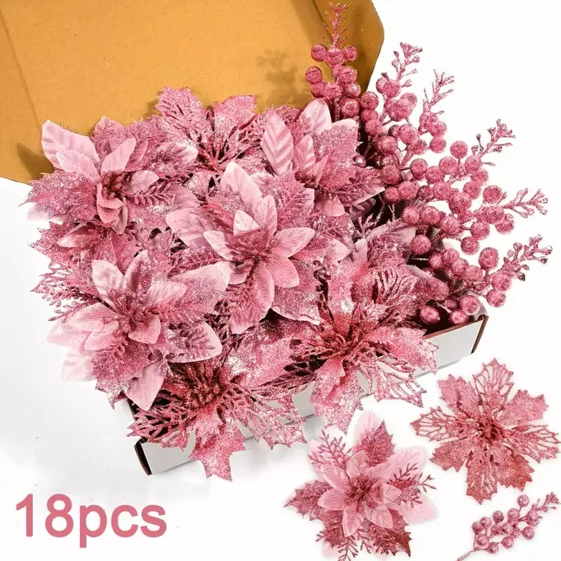 18-Piece Champagne Christmas Centerpiece Artificial Flowers and Glittering Berries, Gold and Holiday Decor, Plastic, No Container Included