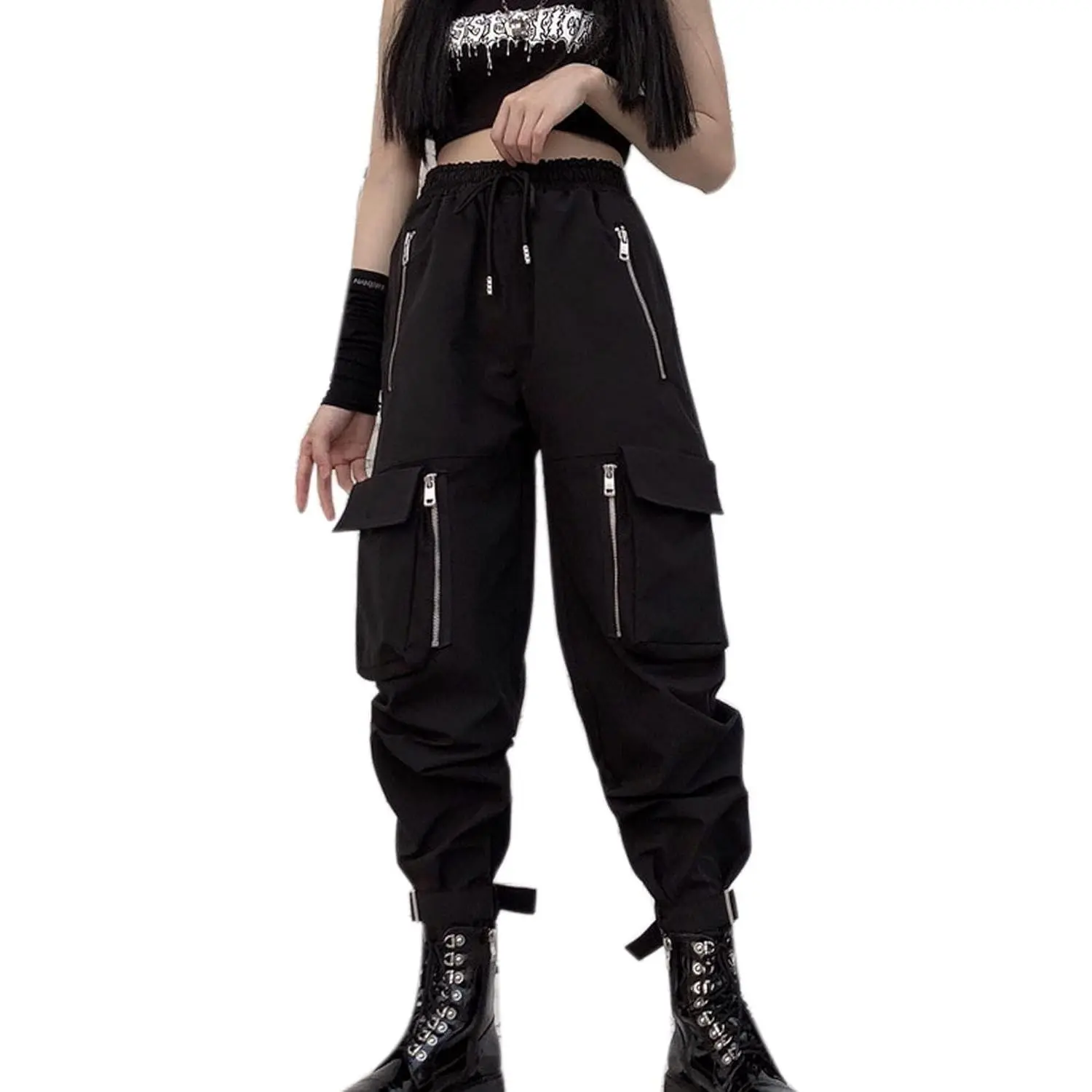 Women's High Waisted Cargo Pants, Baggy Goth Punk Trousers with Chains, Multiple Pockets and an Elastic Waist for Casual Streetwear