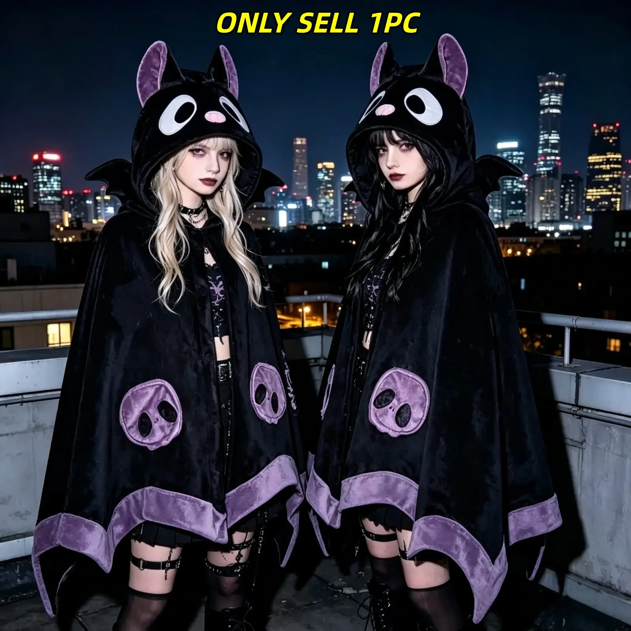 1PC Cute Devil Bat Hooded Wearable Blanket Cape, Halloween Cosplay Soft Plush Cloak, Warm Lazy Throw Blanket for Indoor Use. Perfect gift for your girlfriend or daughter